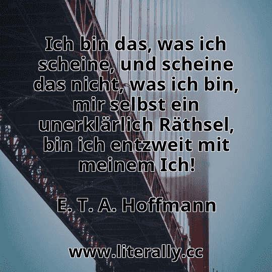 Ich bin das, was ich scheine, und scheine das nicht, was ich bin, mir selbst ein unerklärlich Räthsel, bin ich entzweit mit meinem Ich!
E. T. A. Hoffmann
