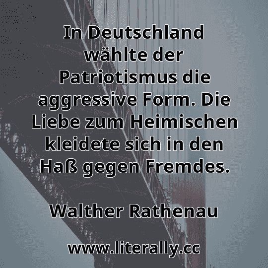 In Deutschland wählte der Patriotismus die aggressive Form. Die Liebe zum Heimischen kleidete sich in den Haß gegen Fremdes.
Walther Rathenau
