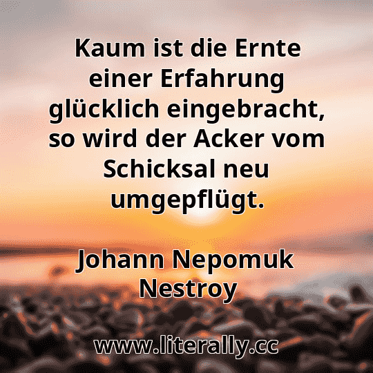 Kaum ist die Ernte einer Erfahrung glücklich eingebracht, so wird der Acker vom Schicksal neu umgepflügt.
Johann Nepomuk Nestroy
