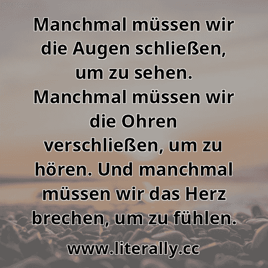 Manchmal müssen wir die Augen schließen, um zu sehen. Manchmal müssen wir die Ohren verschließen, um zu hören. Und manchmal müssen wir das Herz brechen, um zu fühlen.
