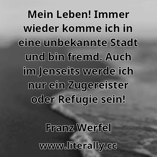 Mein Leben! Immer wieder komme ich in eine unbekannte Stadt und bin fremd. Auch im Jenseits werde ich nur ein Zugereister oder Refugie sein!
Franz Werfel
Mein Leben! Immer wieder komme ich in eine unbekannte Stadt und bin fremd. Auch im Jenseits werde ich nur ein Zugereister oder Refugie sein!
Franz Werfel