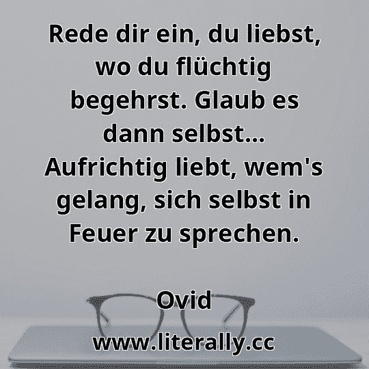 Rede dir ein, du liebst, wo du flüchtig begehrst. Glaub es dann selbst... Aufrichtig liebt, wem's gelang, sich selbst in Feuer zu sprechen.
Ovid

