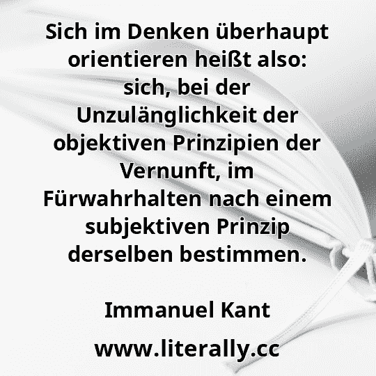 Sich im Denken überhaupt orientieren heißt also: sich, bei der Unzulänglichkeit der objektiven Prinzipien der Vernunft, im Fürwahrhalten nach einem subjektiven Prinzip derselben bestimmen.
Immanuel Kant
