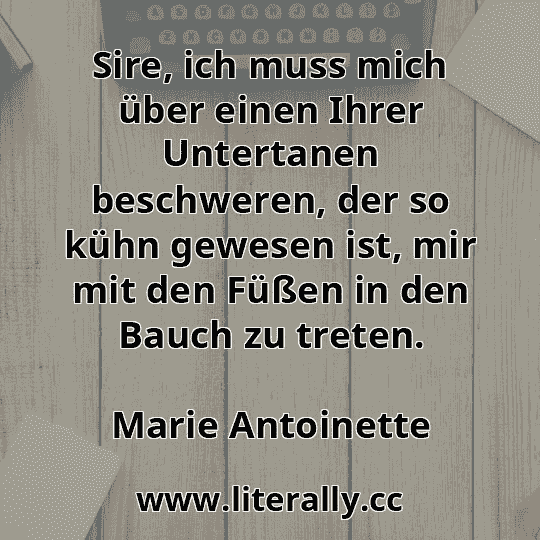 Sire, ich muss mich über einen Ihrer Untertanen beschweren, der so kühn gewesen ist, mir mit den Füßen in den Bauch zu treten.
Marie Antoinette
 Sire, ich muss mich über einen Ihrer Untertanen beschweren, der so kühn gewesen ist, mir mit den Füßen in den Bauch zu treten.
Marie Antoinette