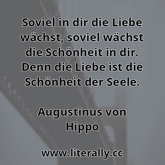Soviel in dir die Liebe wächst, soviel wächst die Schönheit in dir. Denn die Liebe ist die Schönheit der Seele.
Augustinus von Hippo
