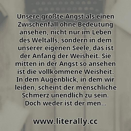 Unsere größte Angst als einen Zwischenfall ohne Bedeutung ansehen, nicht nur im Leben des Weltalls, sondern in dem unserer eigenen Seele, das ist der Anfang der Weisheit. Sie mitten in der Angst so ansehen ist die vollkommene Weisheit. In dem Augenblick, in dem wir leiden, scheint der menschliche Schmerz unendlich zu sein. Doch weder ist der men...