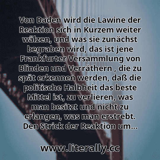 Von Baden wird die Lawine der Reaktion sich in Kurzem weiter wälzen, und was sie zunächst begraben wird, das ist jene Frankfurter Versammlung von Blinden und Verräthern , die zu spät erkennen werden, daß die politische Halbheit das beste Mittel ist, zu verlieren, was man besitzt und nicht zu erlangen, was man erstrebt. Den Strick der Reaktion um...