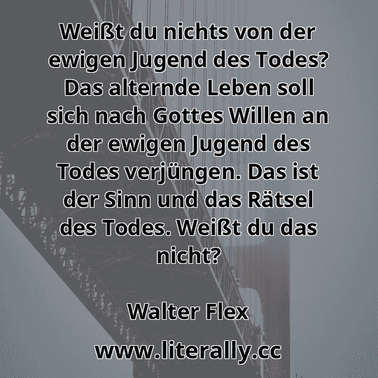 Weißt du nichts von der ewigen Jugend des Todes? Das alternde Leben soll sich nach Gottes Willen an der ewigen Jugend des Todes verjüngen. Das ist der Sinn und das Rätsel des Todes. Weißt du das nicht?
Walter Flex
