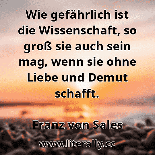 Wie gefährlich ist die Wissenschaft, so groß sie auch sein mag, wenn sie ohne Liebe und Demut schafft.
Franz von Sales
