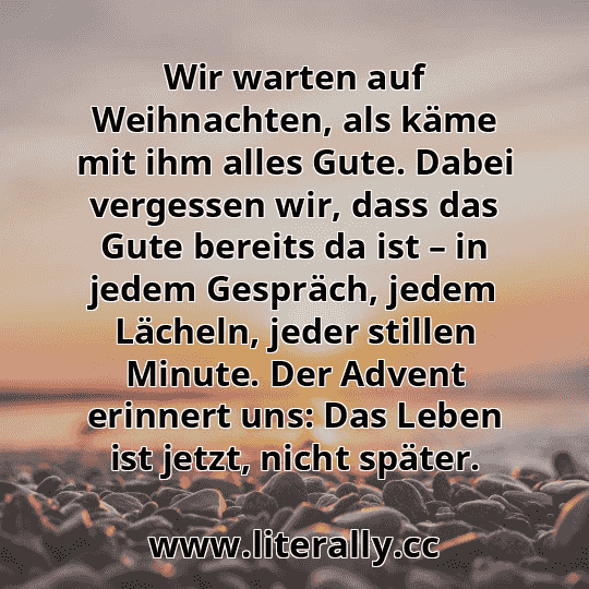 Wir warten auf Weihnachten, als käme mit ihm alles Gute. Dabei vergessen wir, dass das Gute bereits da ist – in jedem Gespräch, jedem Lächeln, jeder stillen Minute. Der Advent erinnert uns: Das Leben ist jetzt, nicht später.
