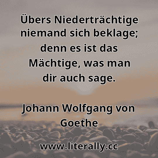 Übers Niederträchtige niemand sich beklage; denn es ist das Mächtige, was man dir auch sage.
Johann Wolfgang von Goethe
